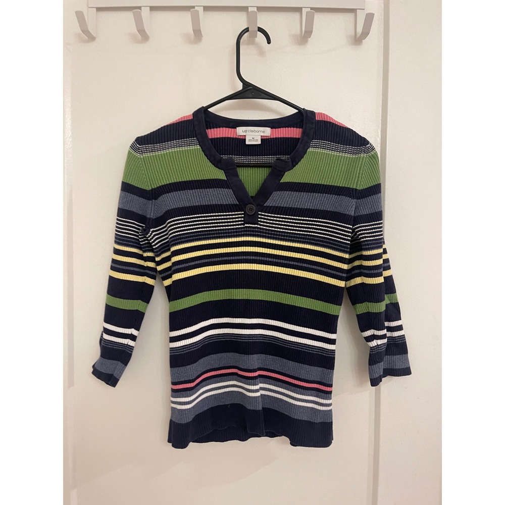 Vintage Y2K‎ Striped Blouse Quarter Sleeve V Neck Vibrant Snatched